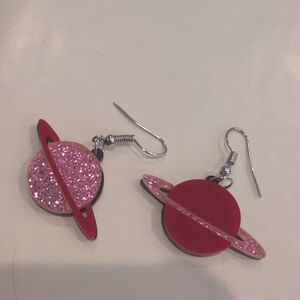 Pink Glitter Planet Drop Earrings for Women